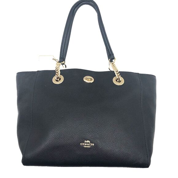 COACH Leather Shoulder Bag Turnlock Chain Black Pebbled 57107 - Picture 1 of 13